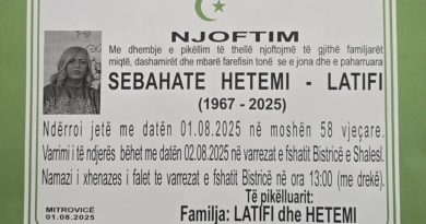Vdes Sebahate Hetemi – Latifi, motra e heroinës Fatime Hetemi – varrimi bëhet nesër në Bistricë