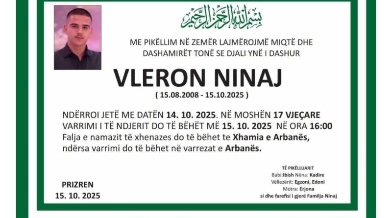 E dhimbshme: Sot i jepet lamtumira e fundit 17-vjeçari që humbi jetën tragjikisht ditën e djeshme